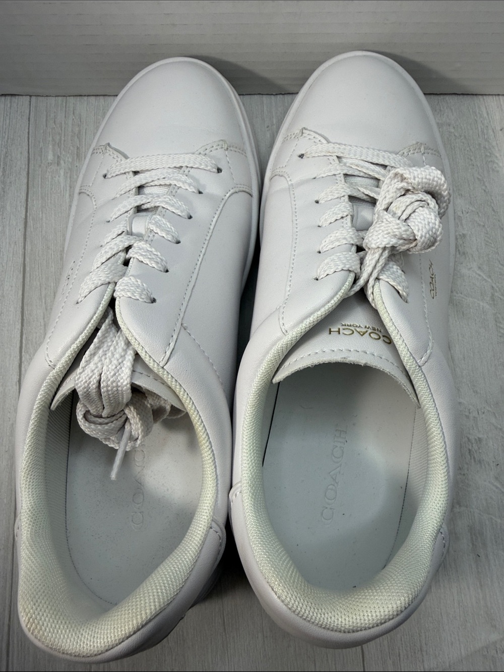 Coach White Leather Lace-Up Sneakers with Gold Accent - Picture 7 of 14